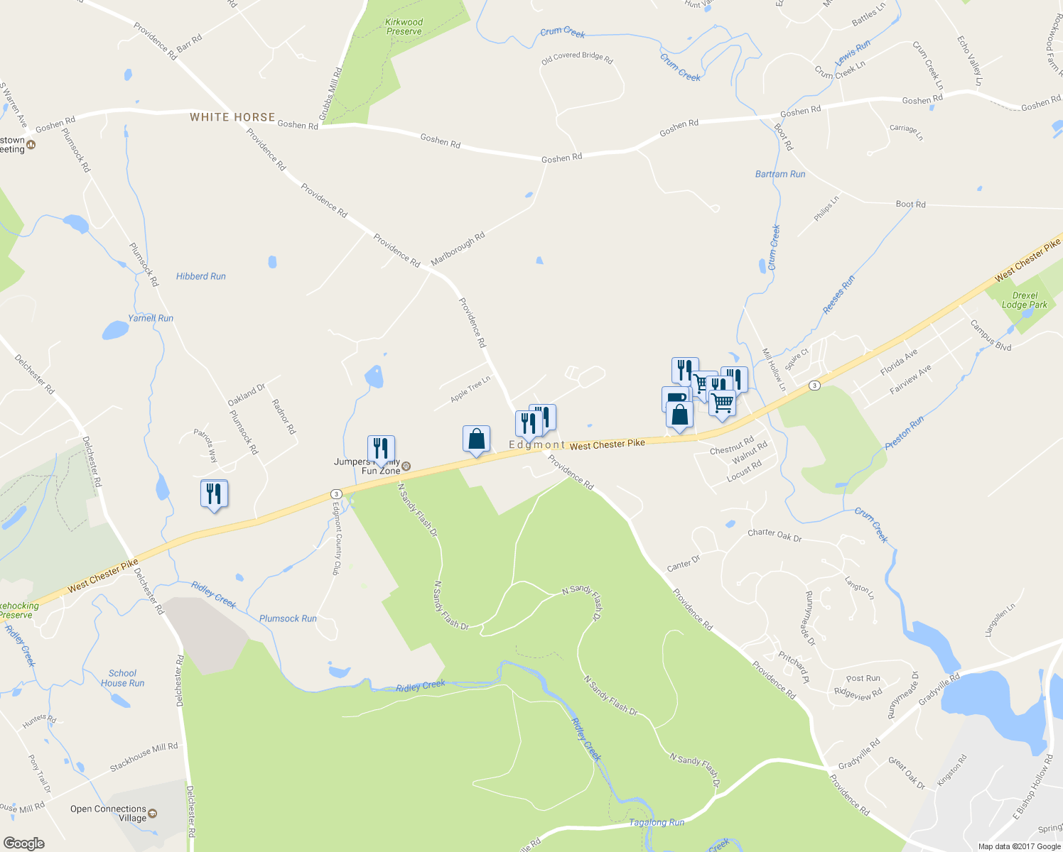 map of restaurants, bars, coffee shops, grocery stores, and more near 5 Columbus Avenue in Newtown Square