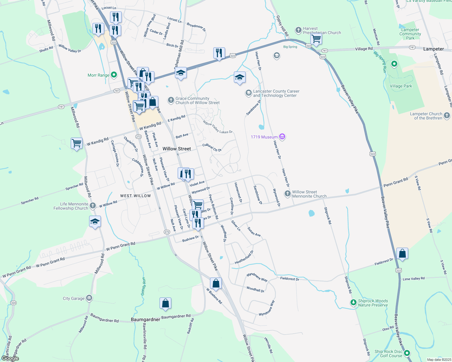 map of restaurants, bars, coffee shops, grocery stores, and more near 119 Wynwood Drive in Willow Street