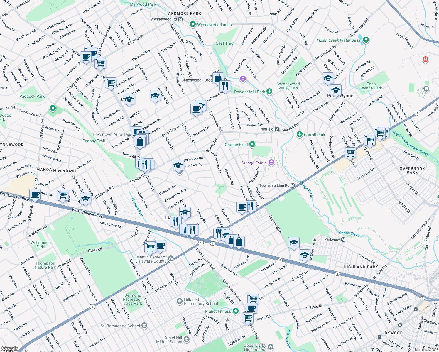 map of restaurants, bars, coffee shops, grocery stores, and more near 214 Heatherwood Road in Havertown