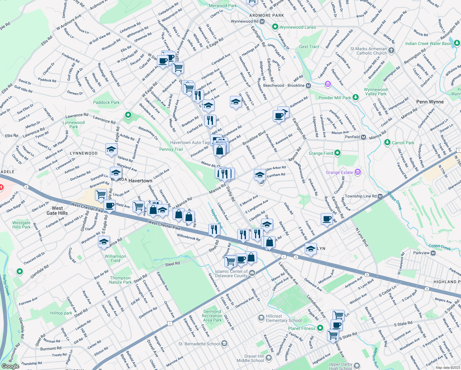 map of restaurants, bars, coffee shops, grocery stores, and more near 917 Darby Road in Havertown