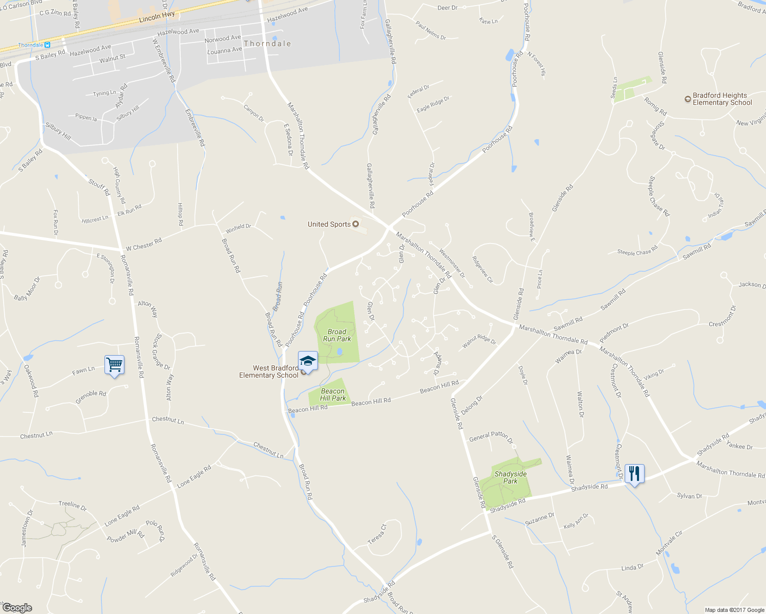 map of restaurants, bars, coffee shops, grocery stores, and more near 1612 Loretta Lane in Downingtown