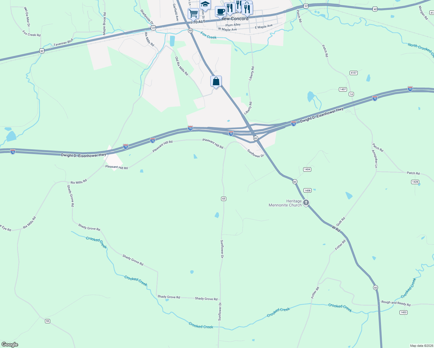 map of restaurants, bars, coffee shops, grocery stores, and more near 675 Sunflower Drive in New Concord