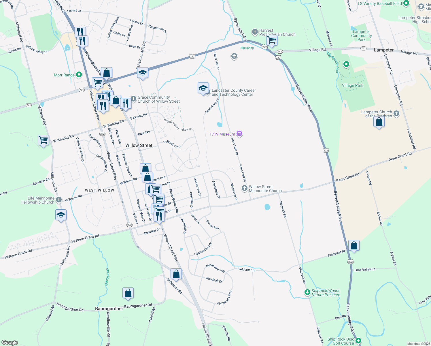 map of restaurants, bars, coffee shops, grocery stores, and more near 308 Wynwood Drive in Willow Street