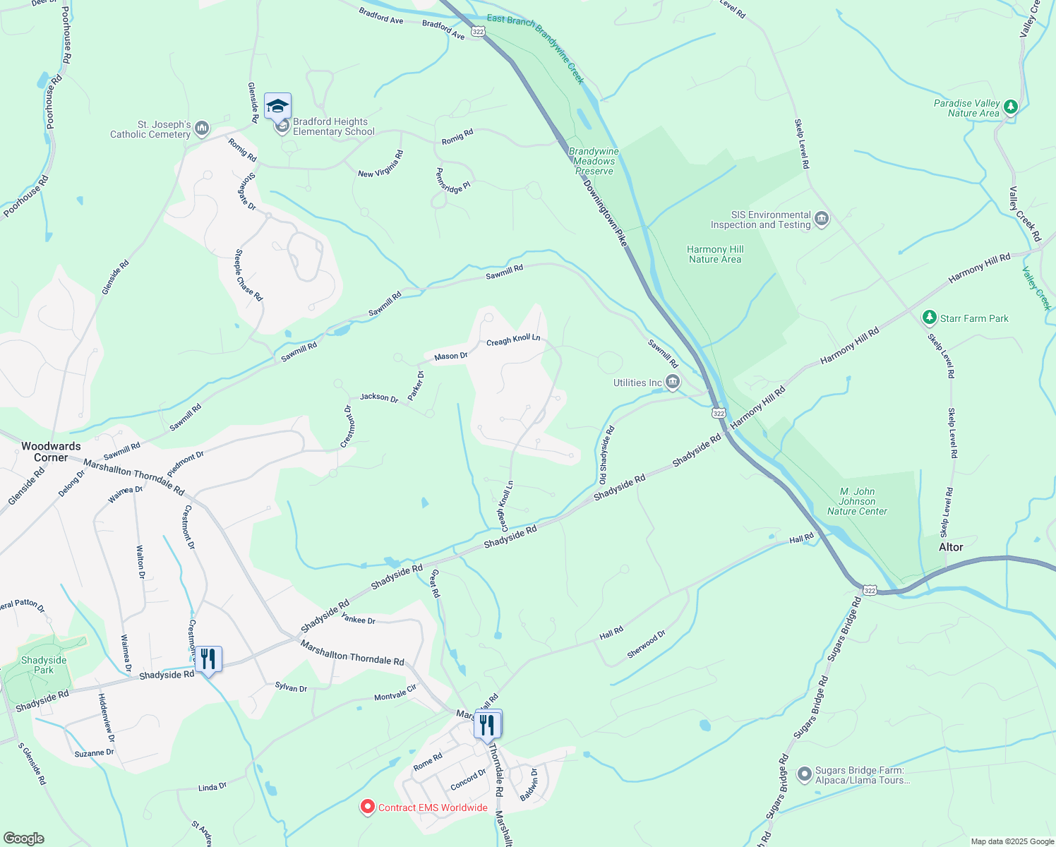 map of restaurants, bars, coffee shops, grocery stores, and more near 1201 Rhode Island Lane in Downingtown