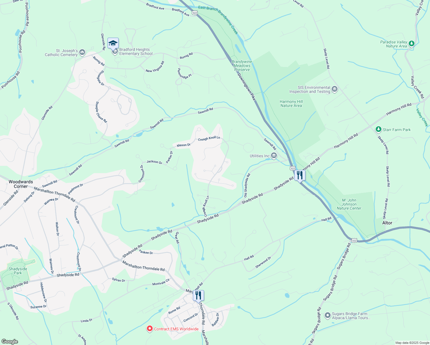 map of restaurants, bars, coffee shops, grocery stores, and more near 1201 Rhode Island Lane in Downingtown