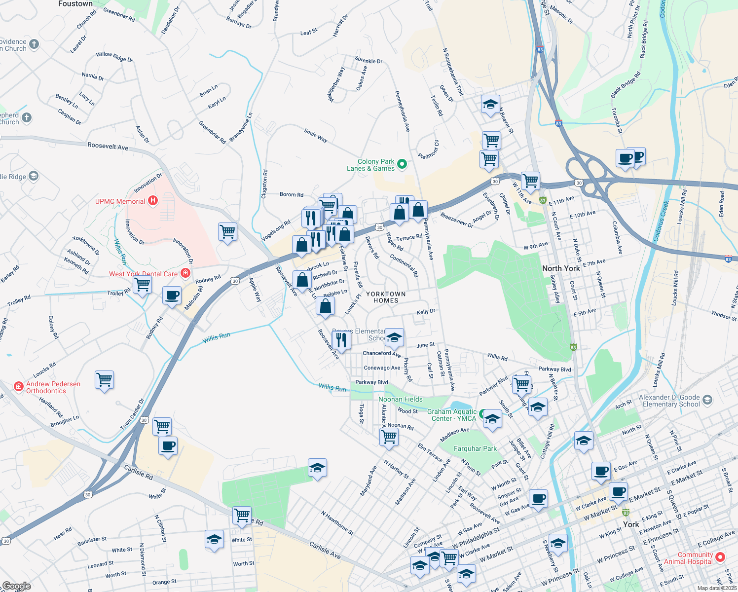 map of restaurants, bars, coffee shops, grocery stores, and more near 826 Fireside Road in York
