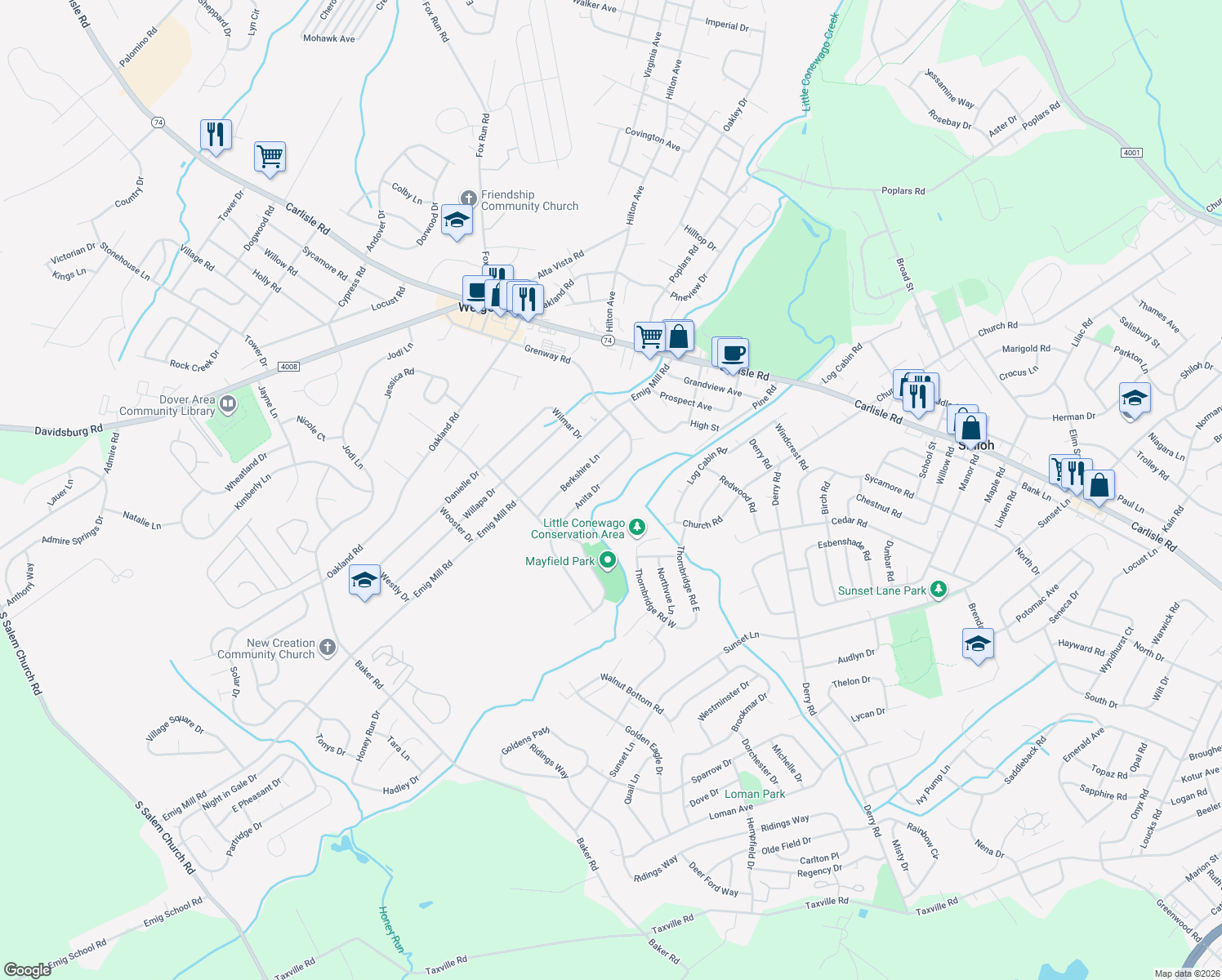 map of restaurants, bars, coffee shops, grocery stores, and more near 2444 Anita Drive in Dover