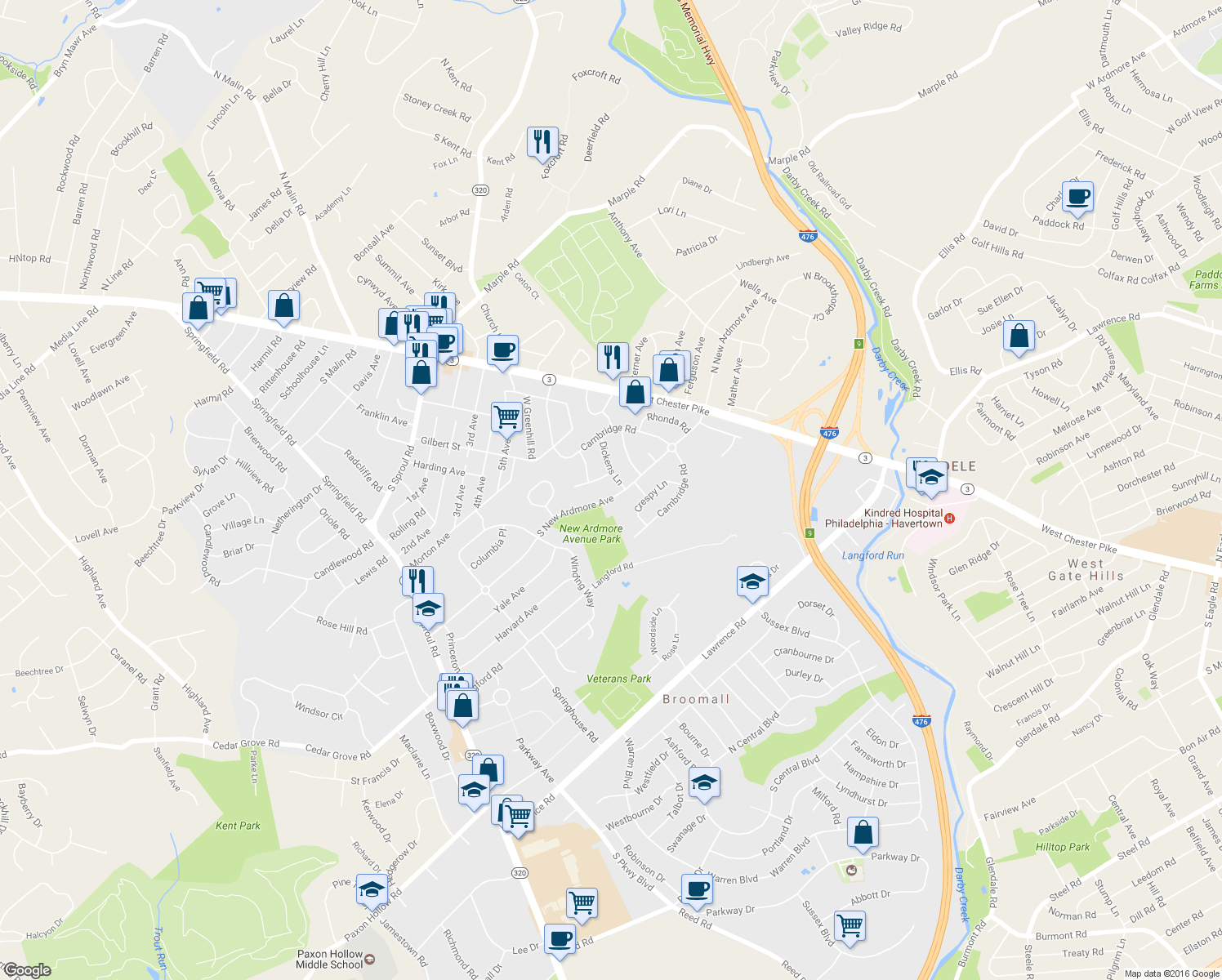 map of restaurants, bars, coffee shops, grocery stores, and more near 108 South New Ardmore Avenue in Broomall