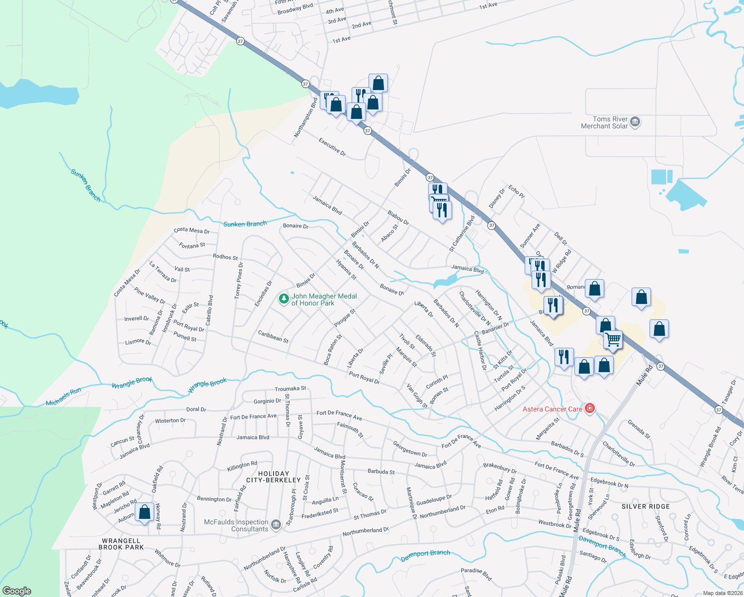 map of restaurants, bars, coffee shops, grocery stores, and more near 3 Pirogue Street in Toms River