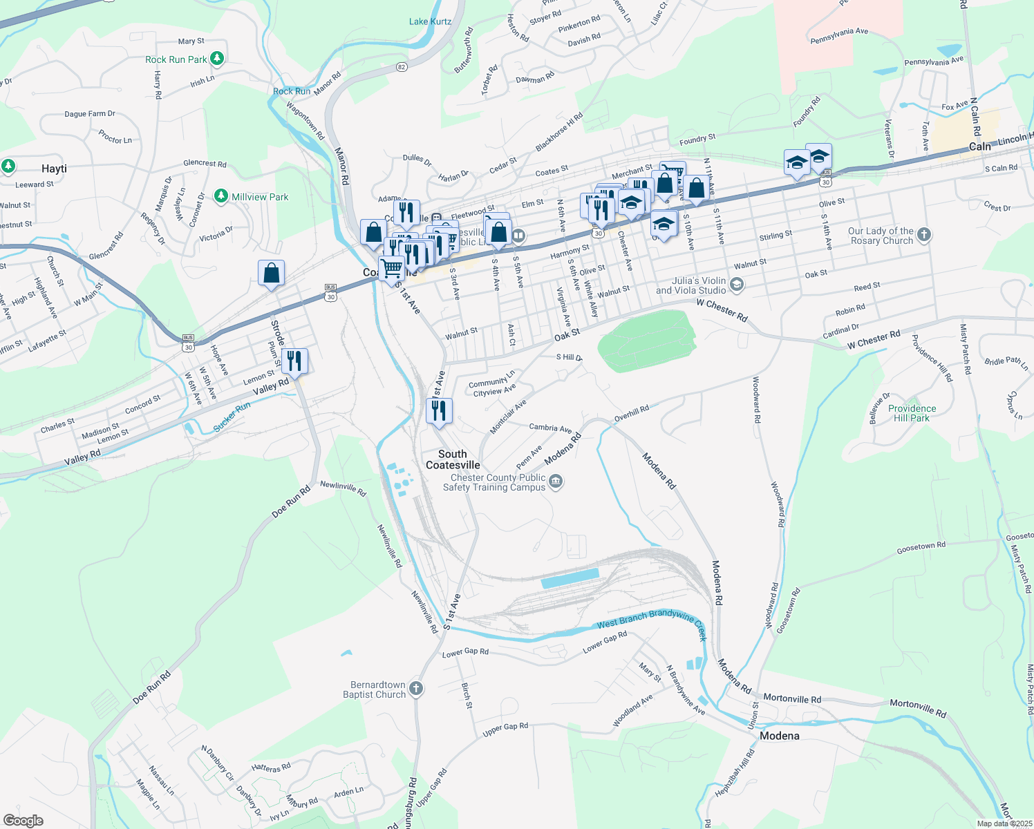 map of restaurants, bars, coffee shops, grocery stores, and more near 41 Montclair Avenue in Coatesville