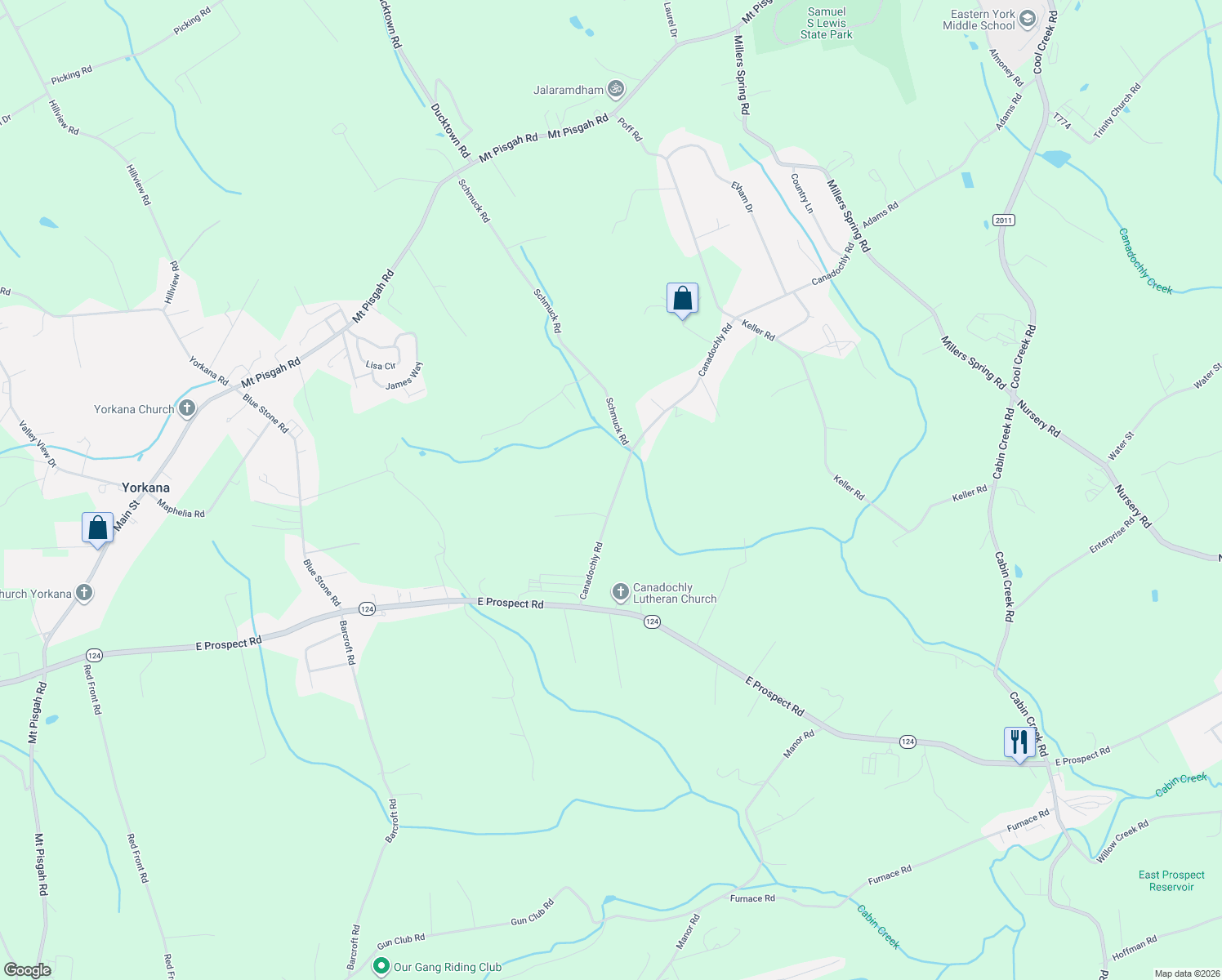 map of restaurants, bars, coffee shops, grocery stores, and more near 1234 Canadochly Road in York