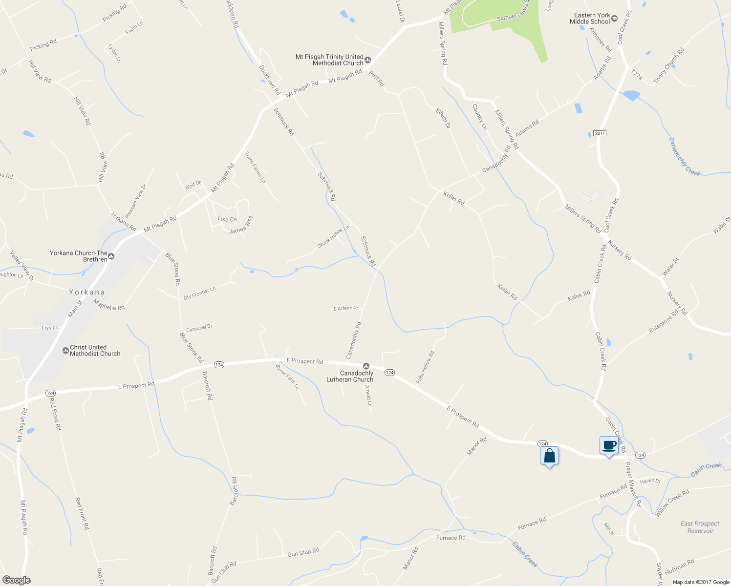 map of restaurants, bars, coffee shops, grocery stores, and more near 1234 Canadochly Road in York
