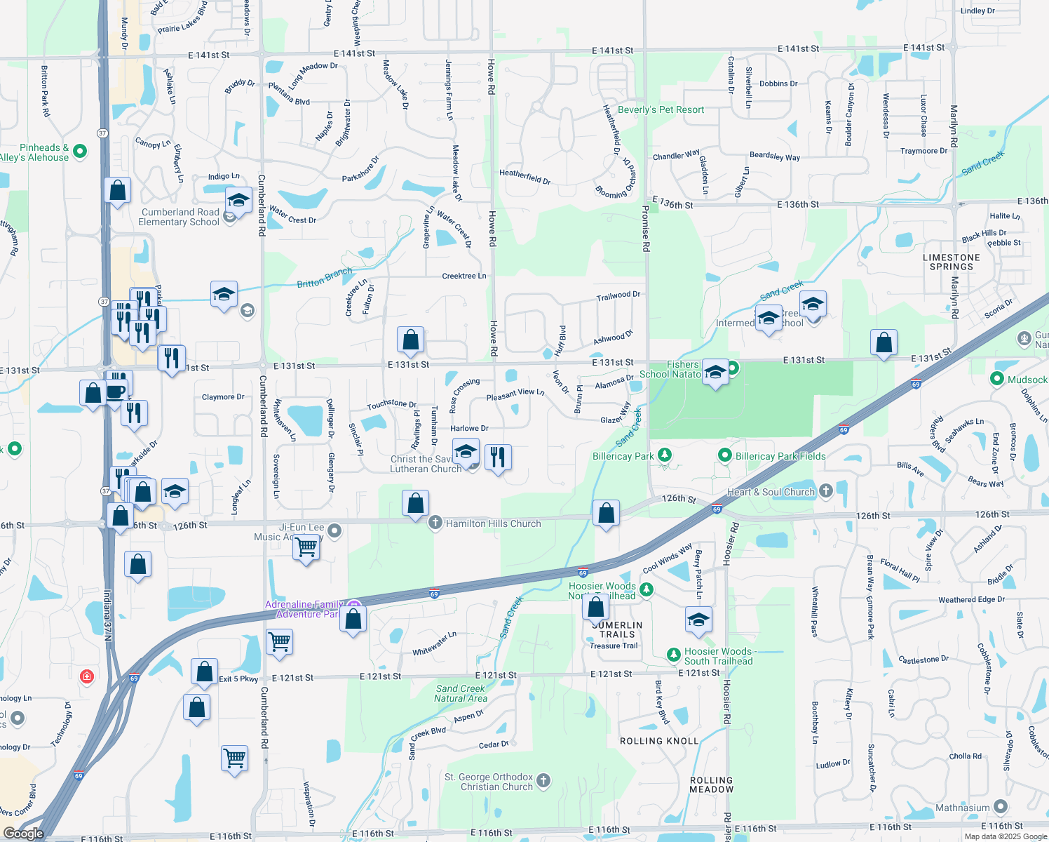 map of restaurants, bars, coffee shops, grocery stores, and more near 10704 Coyote Run in Fishers