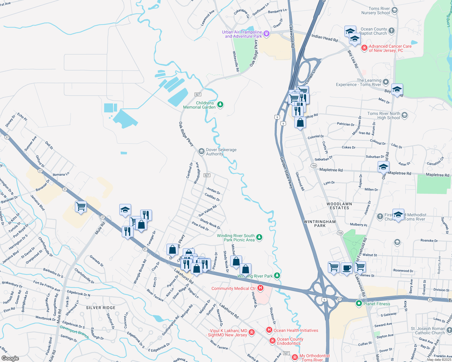 map of restaurants, bars, coffee shops, grocery stores, and more near 121 Sun Valley Road in Toms River