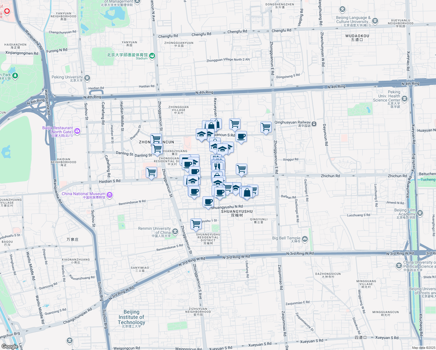 map of restaurants, bars, coffee shops, grocery stores, and more near Kexueyuan South Road in Beijing