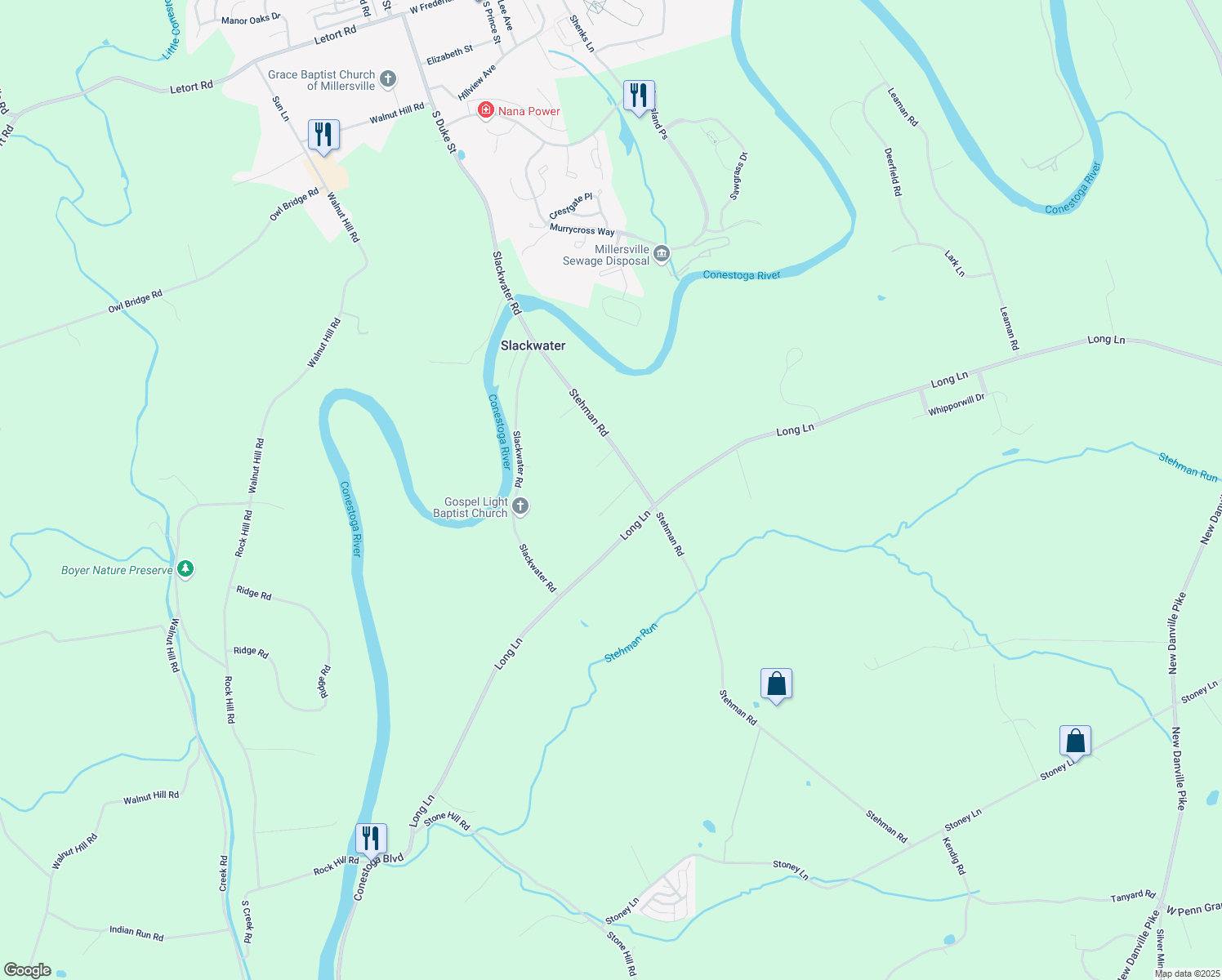 map of restaurants, bars, coffee shops, grocery stores, and more near 13 Hillcrest Drive in Millersville