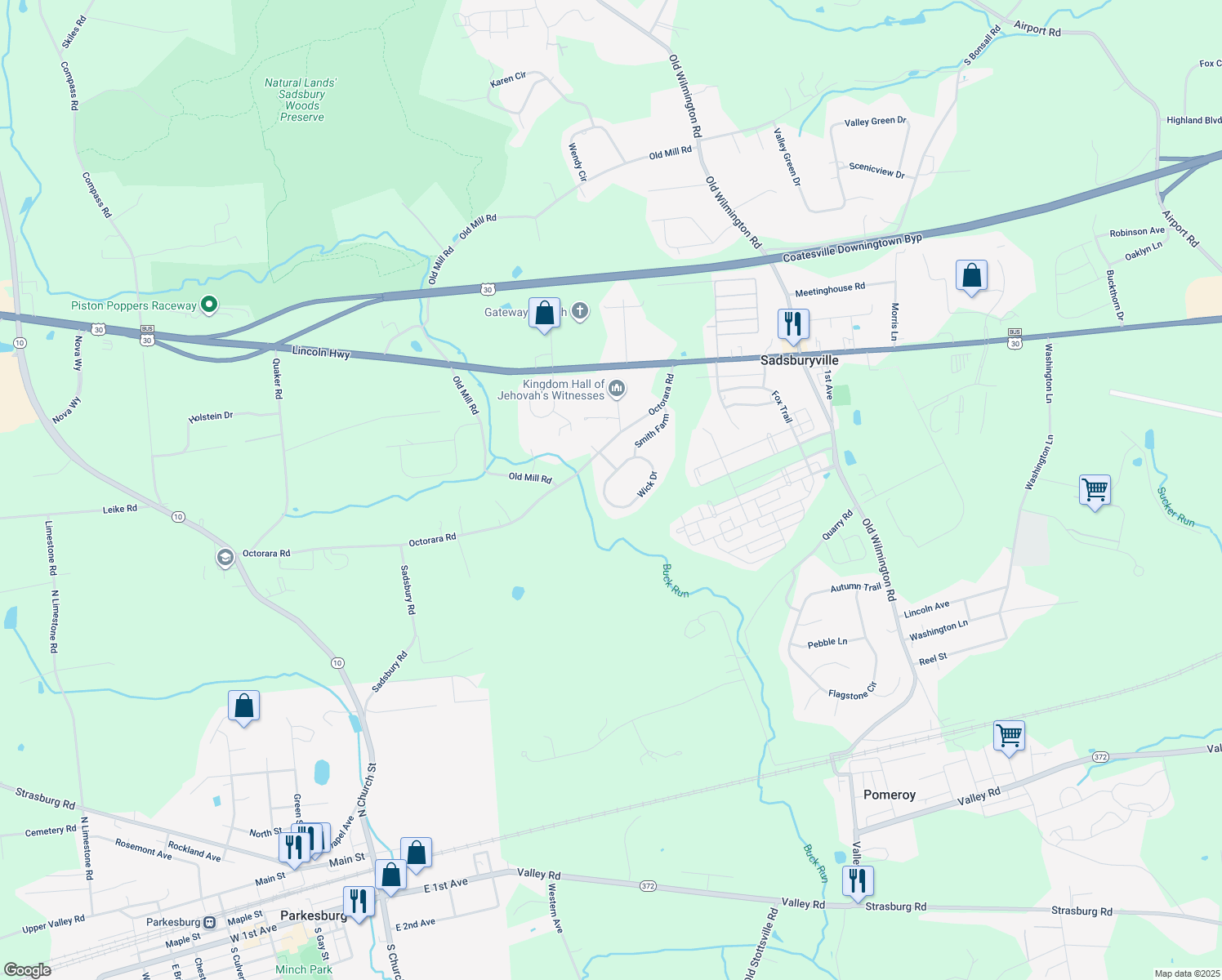 map of restaurants, bars, coffee shops, grocery stores, and more near 12 Wick Drive in Parkesburg