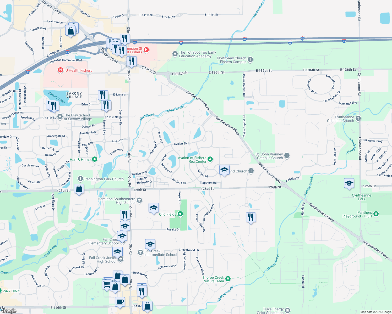 map of restaurants, bars, coffee shops, grocery stores, and more near 14340 Rotterdam Road in Fishers