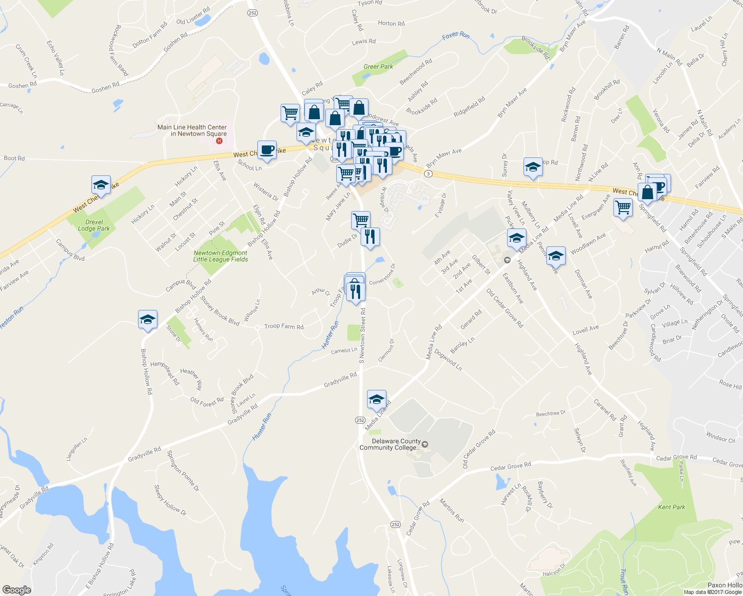map of restaurants, bars, coffee shops, grocery stores, and more near 3548 Muirwood Drive in Newtown Square