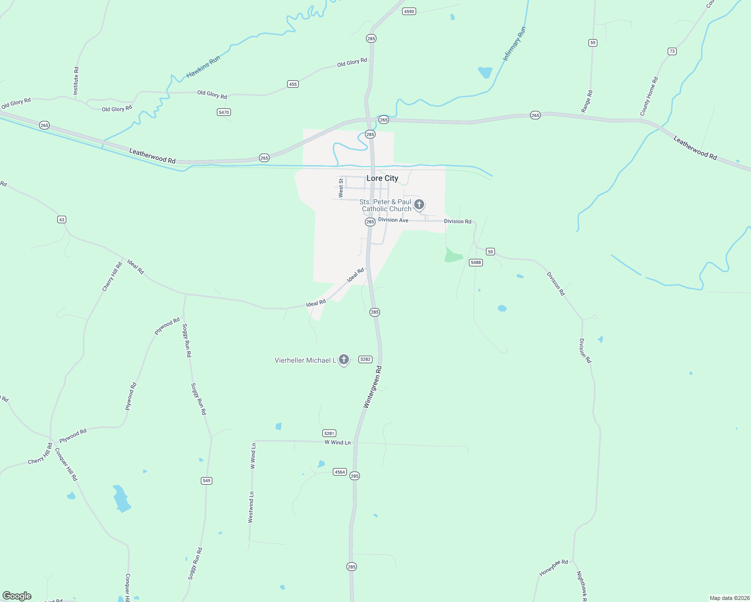 map of restaurants, bars, coffee shops, grocery stores, and more near 60558 Wintergreen Road in Senecaville