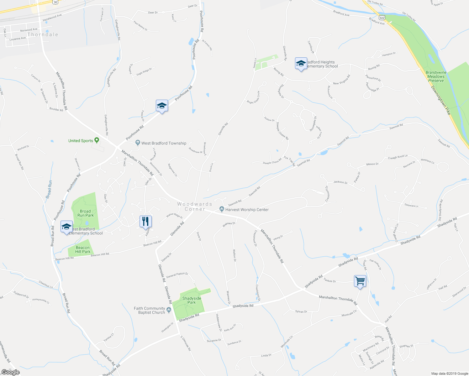 map of restaurants, bars, coffee shops, grocery stores, and more near 1490 Sawmill Road in Downingtown
