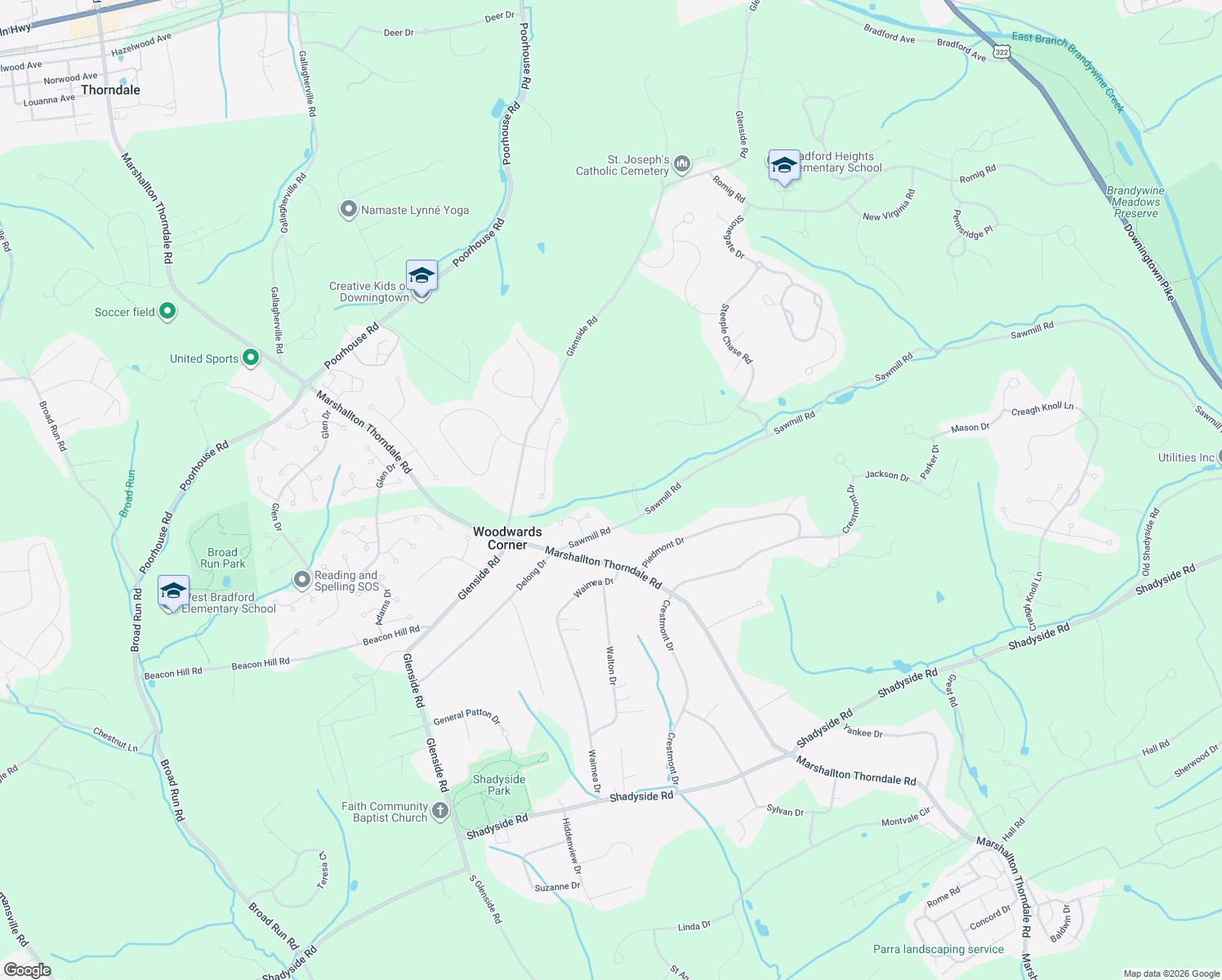 map of restaurants, bars, coffee shops, grocery stores, and more near 1490 Sawmill Road in Downingtown