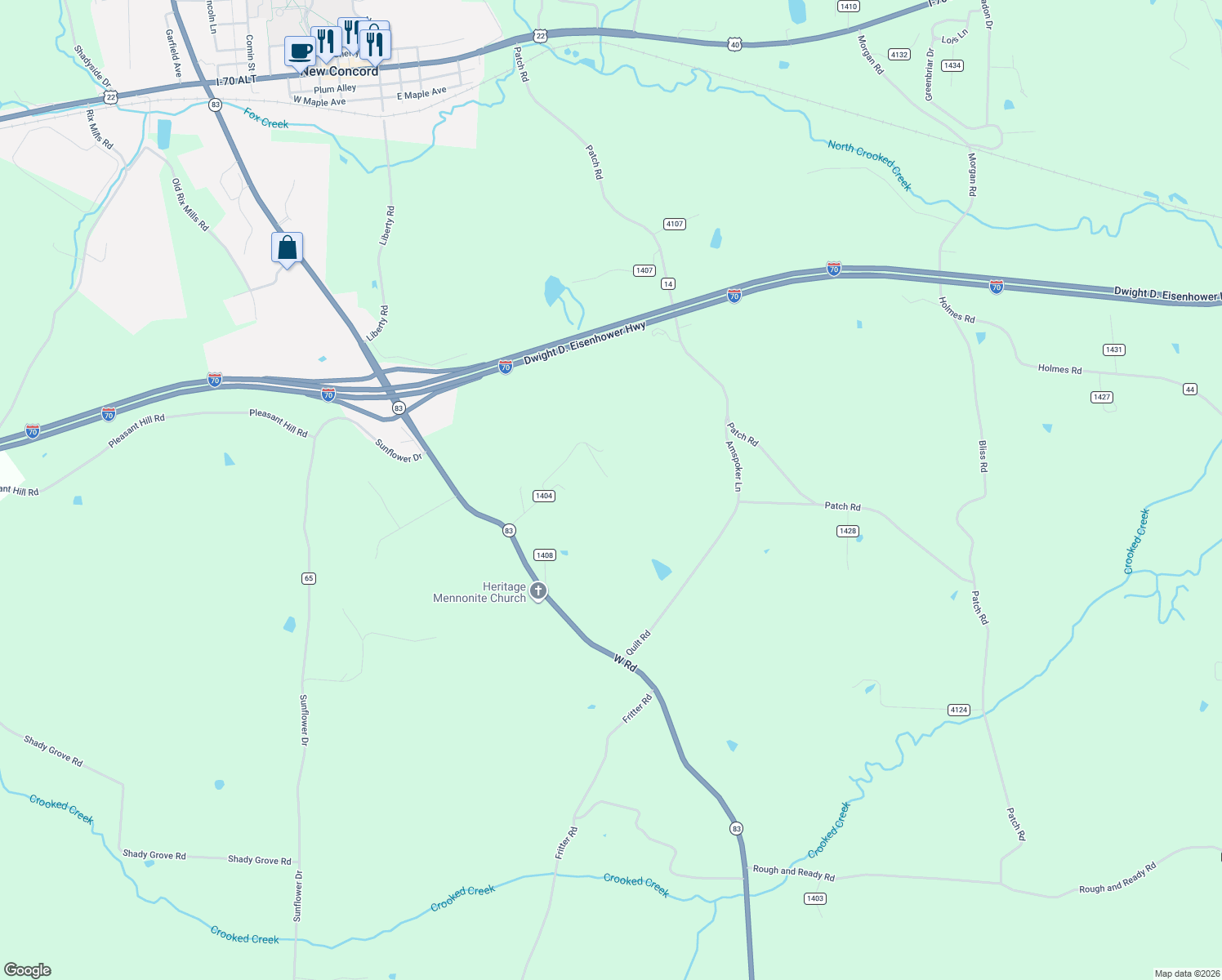 map of restaurants, bars, coffee shops, grocery stores, and more near 60136 Cardinal Drive in New Concord