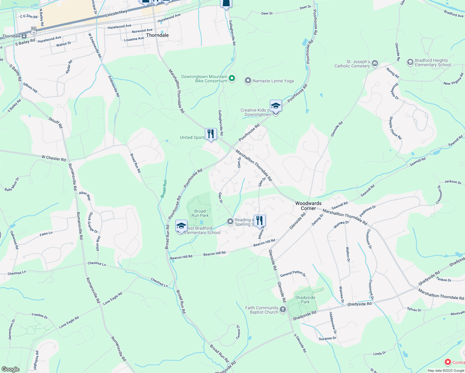 map of restaurants, bars, coffee shops, grocery stores, and more near 1606 Russell Drive in Downingtown