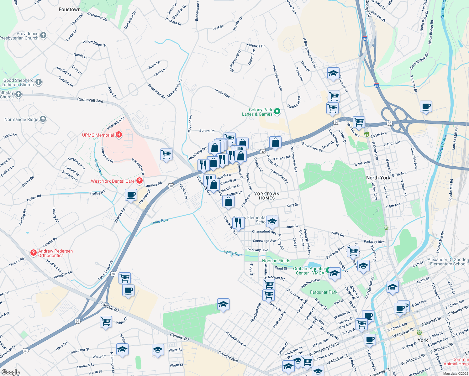 map of restaurants, bars, coffee shops, grocery stores, and more near 936 Northbriar Drive in York
