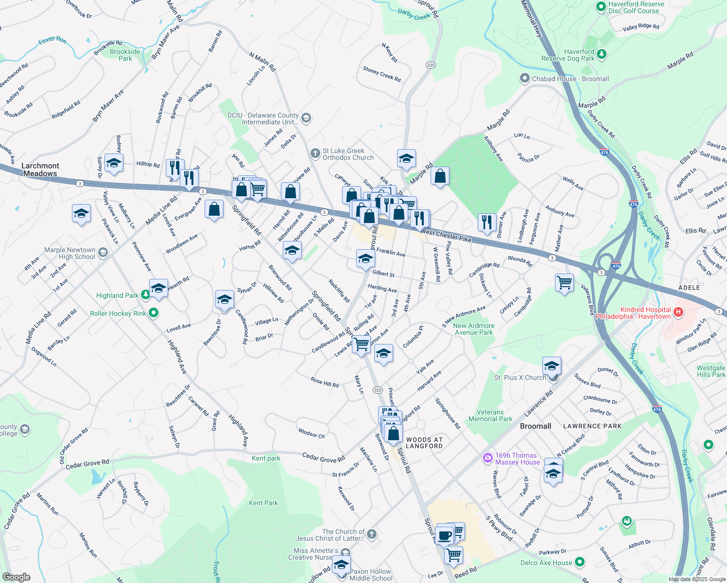 map of restaurants, bars, coffee shops, grocery stores, and more near 125 South Sproul Road in Broomall
