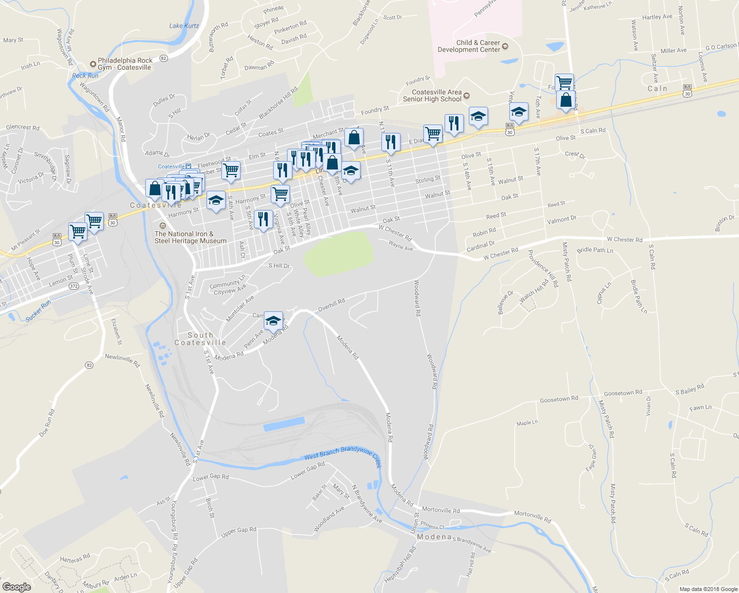 map of restaurants, bars, coffee shops, grocery stores, and more near 10 Lukens Mill Drive in Coatesville