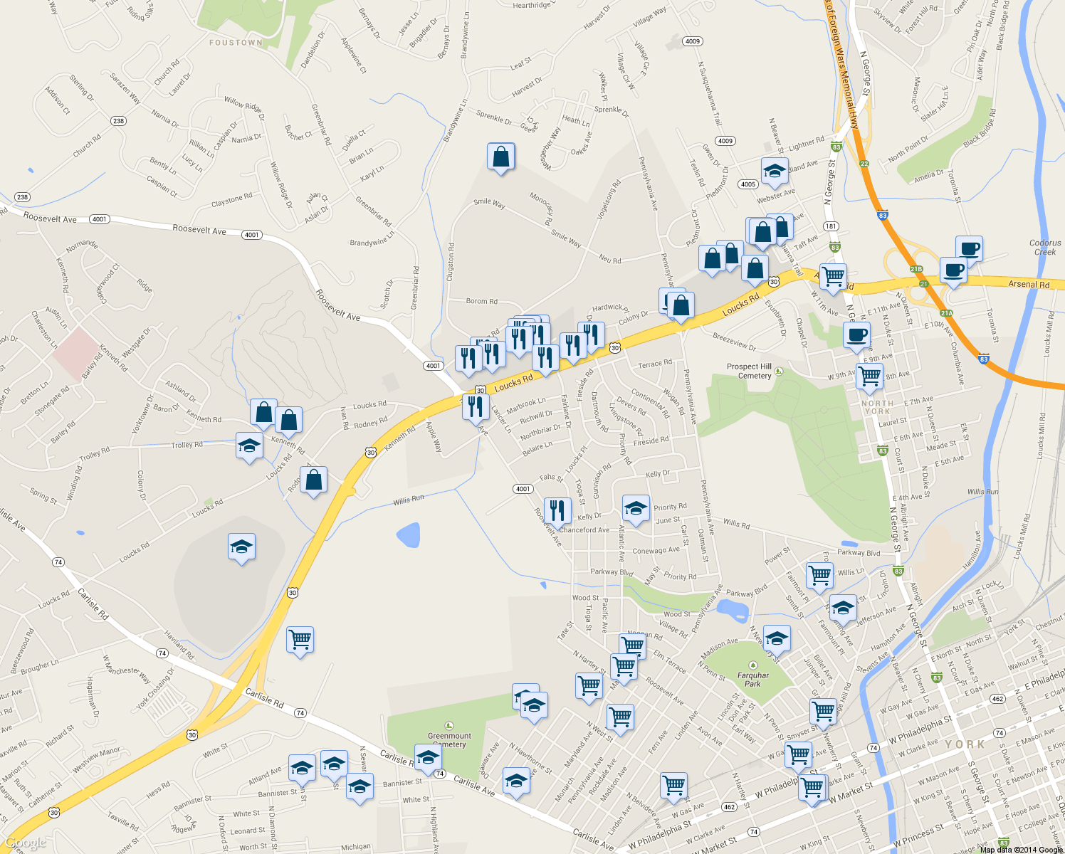 map of restaurants, bars, coffee shops, grocery stores, and more near 973 Northbriar Drive in York