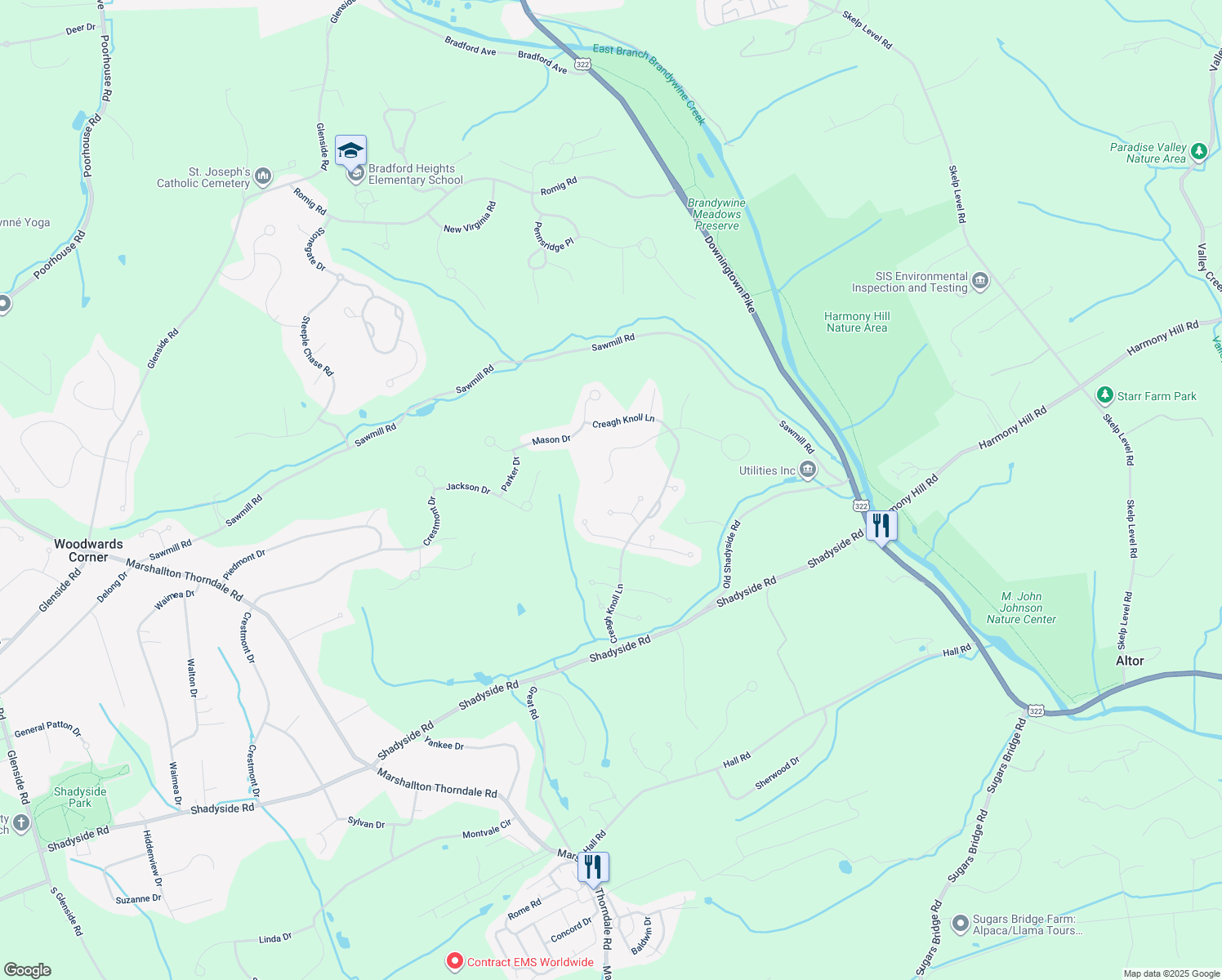 map of restaurants, bars, coffee shops, grocery stores, and more near 1538 Montana Drive in Chester County
