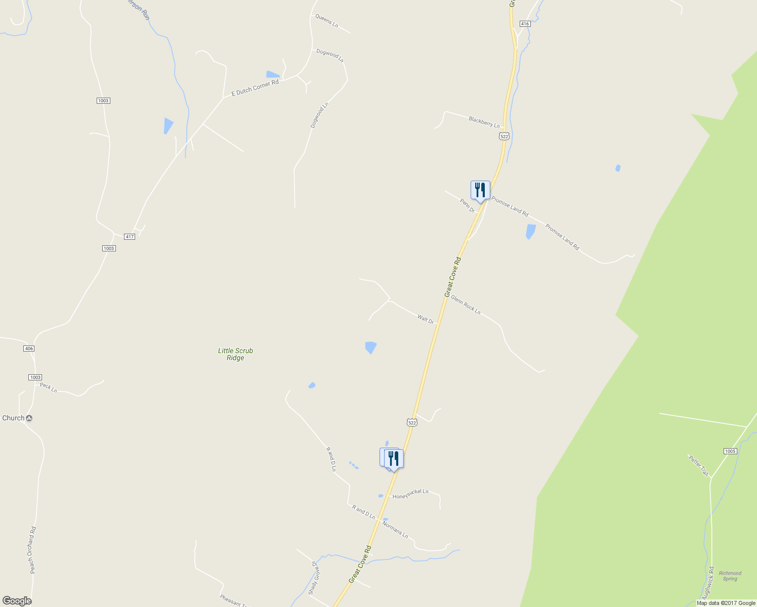 map of restaurants, bars, coffee shops, grocery stores, and more near 398 Walt Drive in McConnellsburg