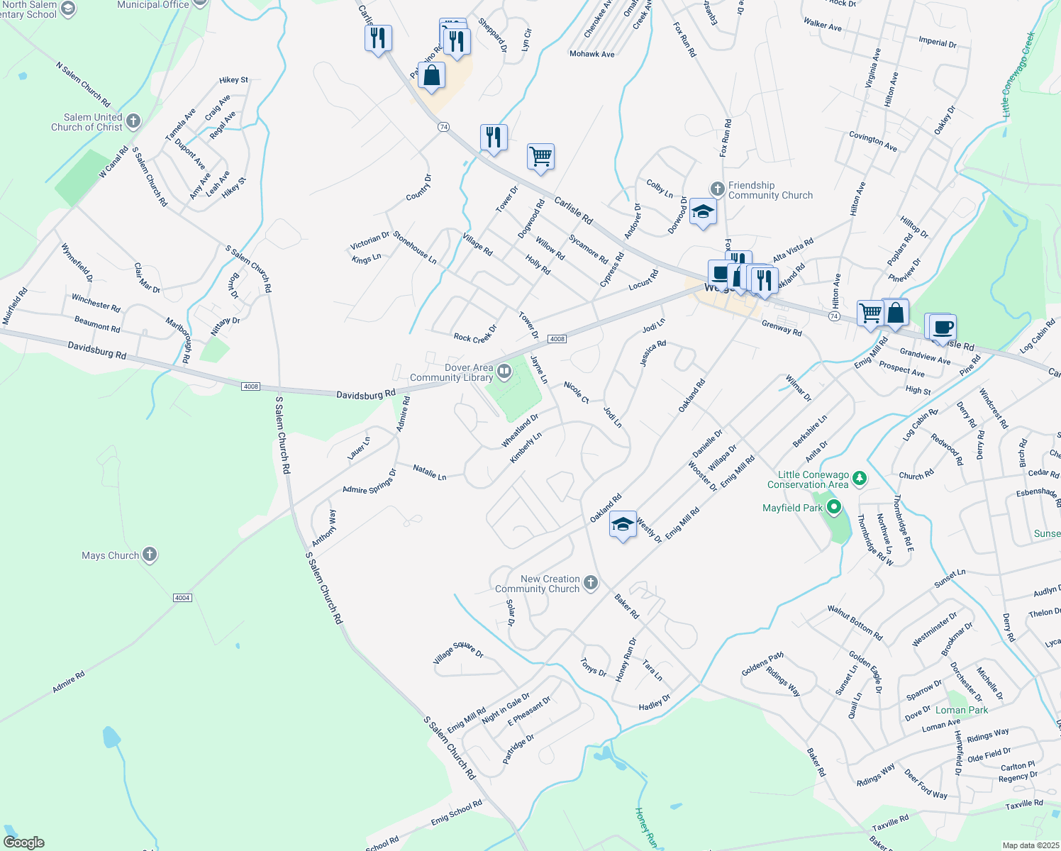 map of restaurants, bars, coffee shops, grocery stores, and more near 3712 Wheatland Drive in Dover