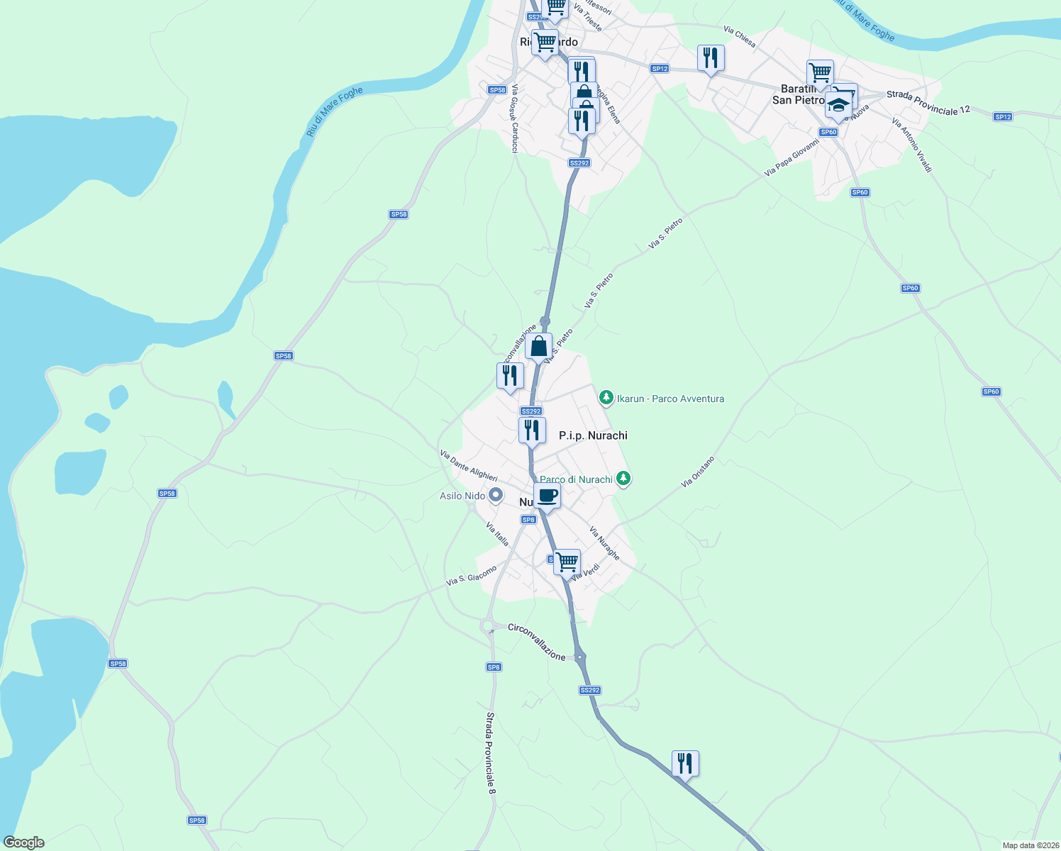 map of restaurants, bars, coffee shops, grocery stores, and more near 25 Strada Statale 292 Nord Occidentale Sarda in Nurachi