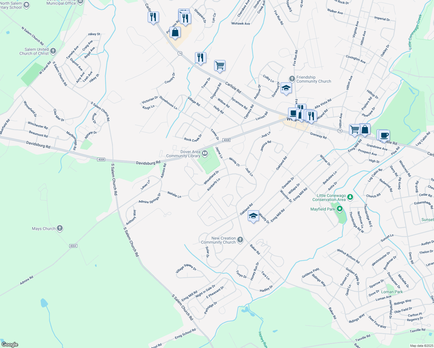 map of restaurants, bars, coffee shops, grocery stores, and more near 3710 Wheatland Drive in Dover