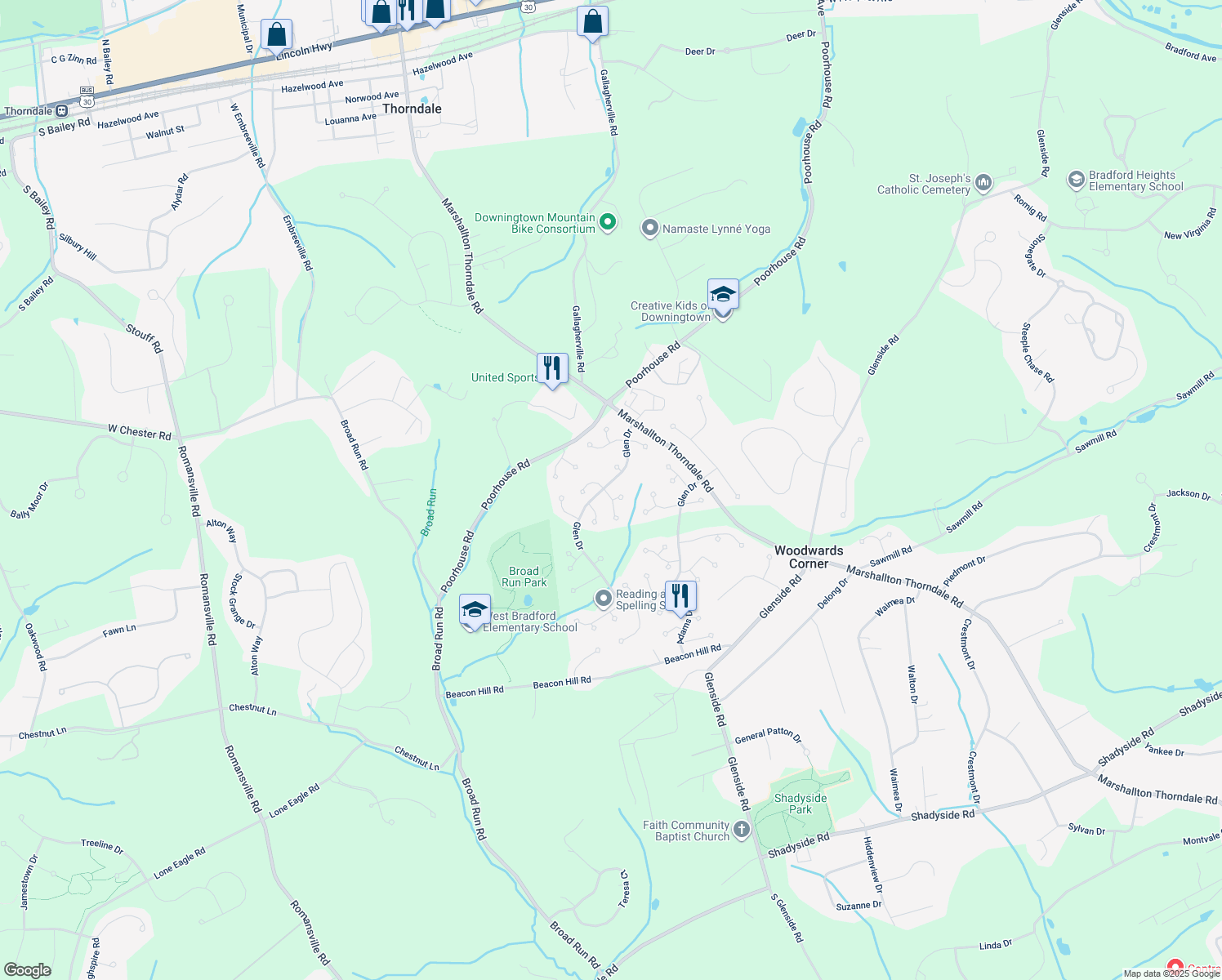 map of restaurants, bars, coffee shops, grocery stores, and more near 1601 Russell Drive in Downingtown