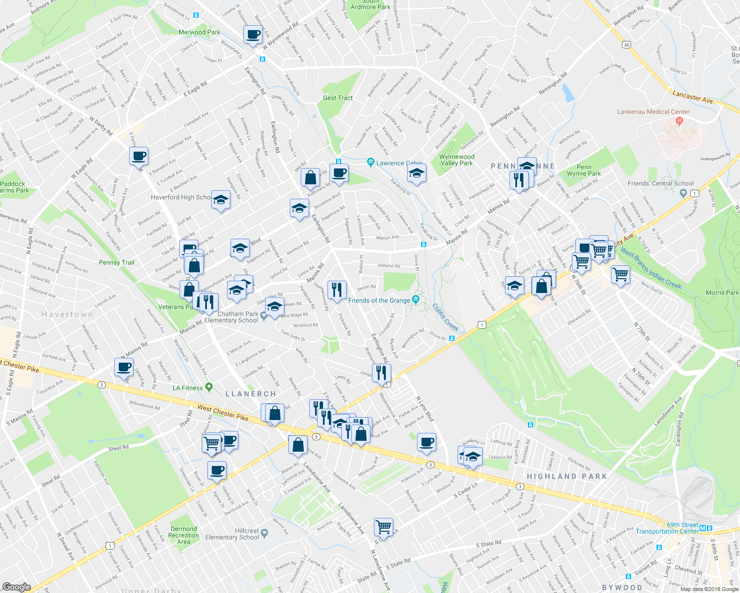 map of restaurants, bars, coffee shops, grocery stores, and more near 311 Walnut Place in Havertown