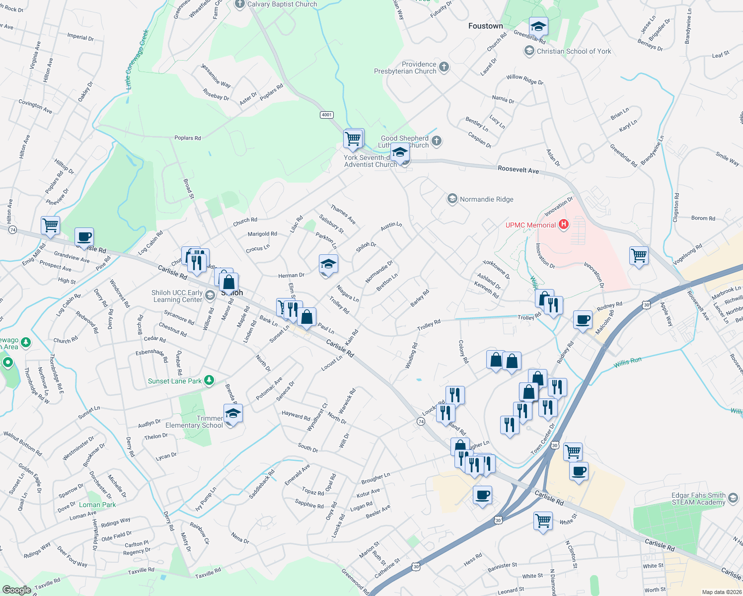map of restaurants, bars, coffee shops, grocery stores, and more near 1988 Bretton Lane in York