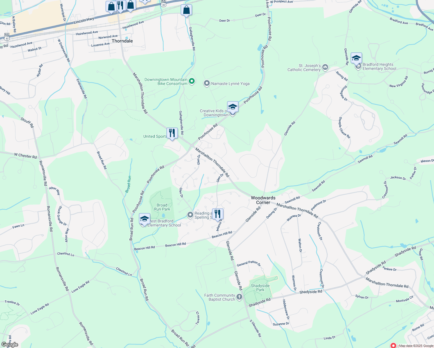 map of restaurants, bars, coffee shops, grocery stores, and more near 1303 Rachel Lane in Downingtown