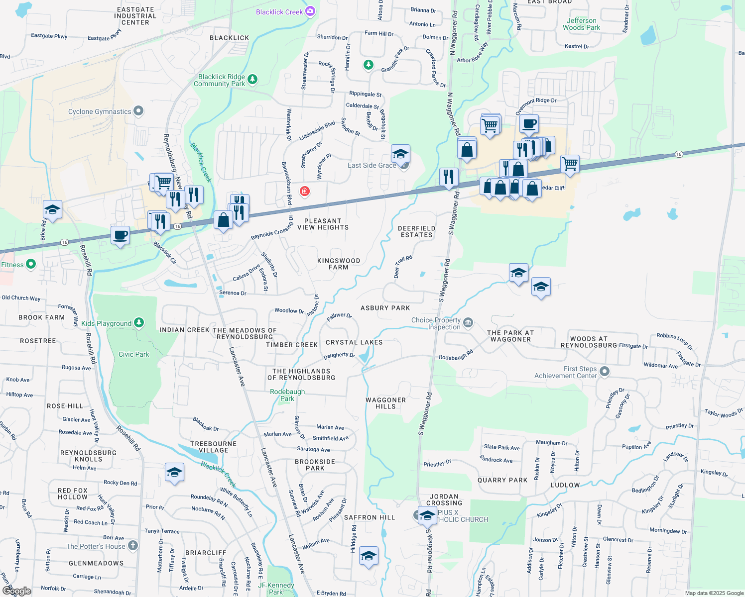 map of restaurants, bars, coffee shops, grocery stores, and more near 7633 Asden Ct in Reynoldsburg