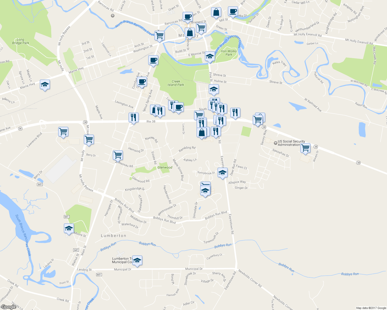 map of restaurants, bars, coffee shops, grocery stores, and more near 142 Rambling Road in Lumberton