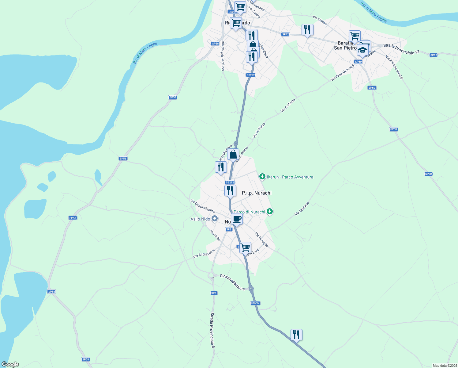 map of restaurants, bars, coffee shops, grocery stores, and more near 25 Strada Statale 292 Nord Occidentale Sarda in Nurachi