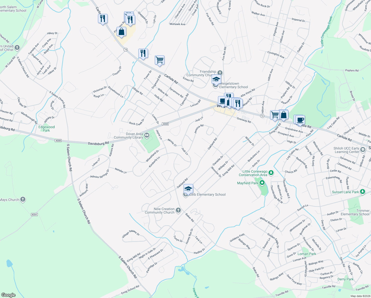 map of restaurants, bars, coffee shops, grocery stores, and more near 3092 Jodi Lane in Dover