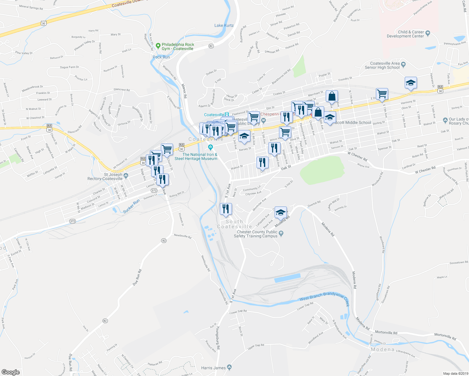 map of restaurants, bars, coffee shops, grocery stores, and more near 226 New Street in Coatesville