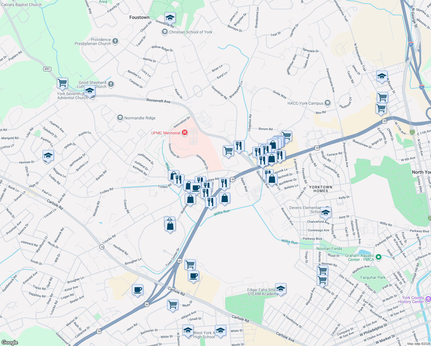 map of restaurants, bars, coffee shops, grocery stores, and more near 1560 Loucks Road in York
