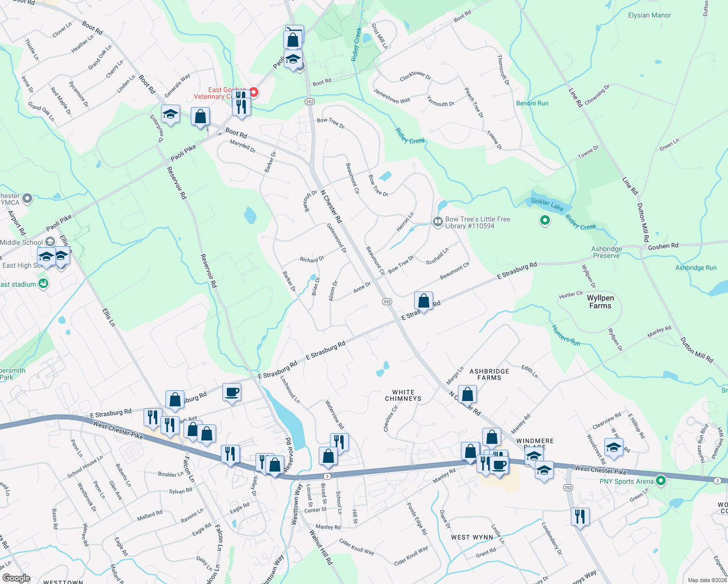 map of restaurants, bars, coffee shops, grocery stores, and more near 1536 Anne Dr in West Chester