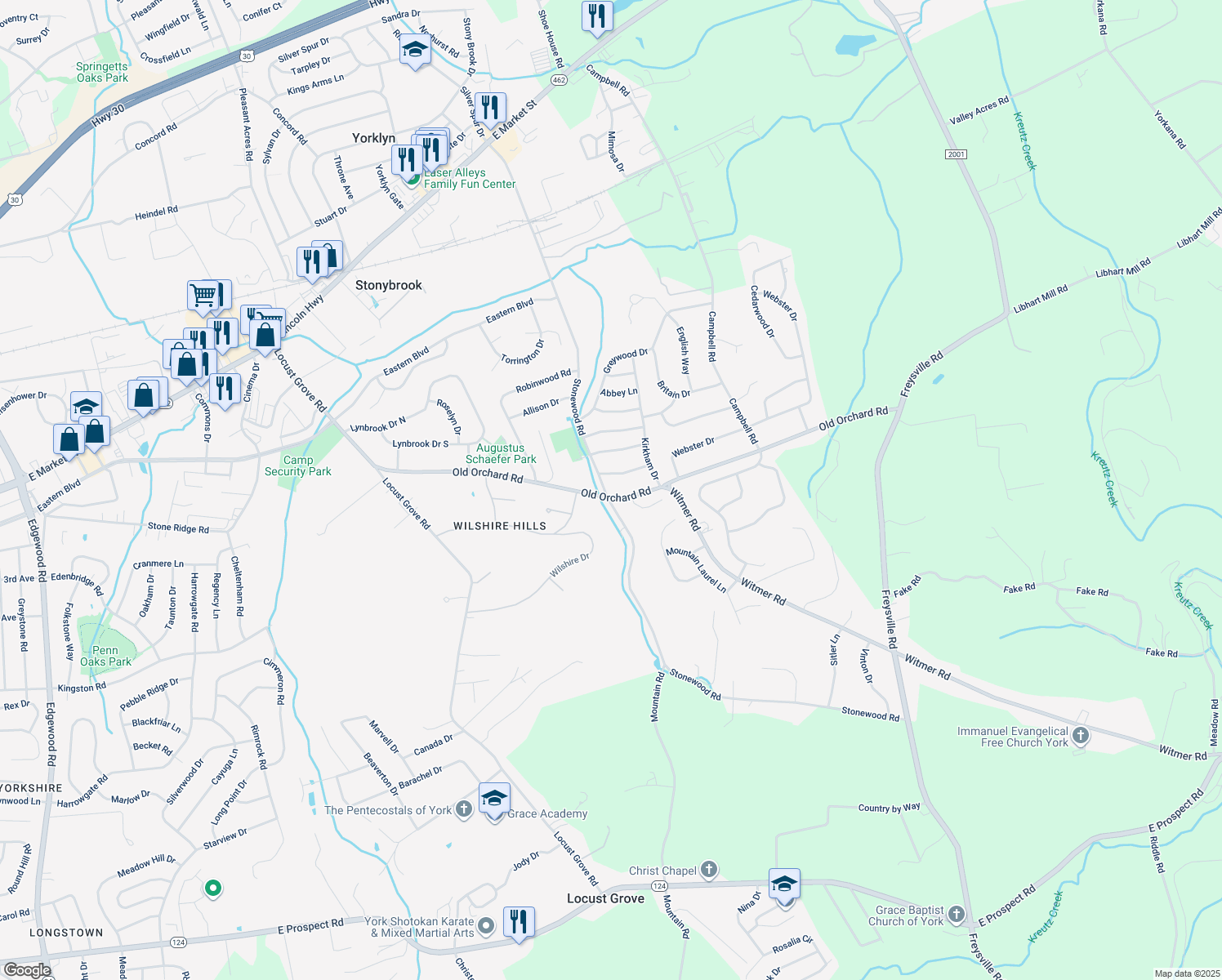 map of restaurants, bars, coffee shops, grocery stores, and more near 4123 Old Orchard Road in York