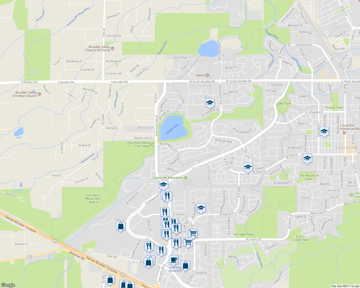map of restaurants, bars, coffee shops, grocery stores, and more near 808 Pikes Peak Court in Louisville